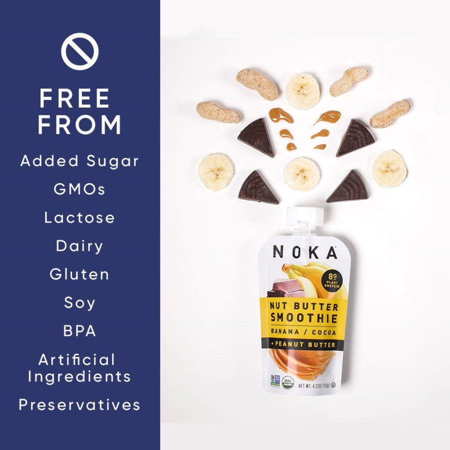 Organic Banana Cocoa Peanut Butter Noka Superfood Smoothies Are Free From GMOs Lactose Dairy Gluten Soy BPA Artificial Ingredients Preservatives