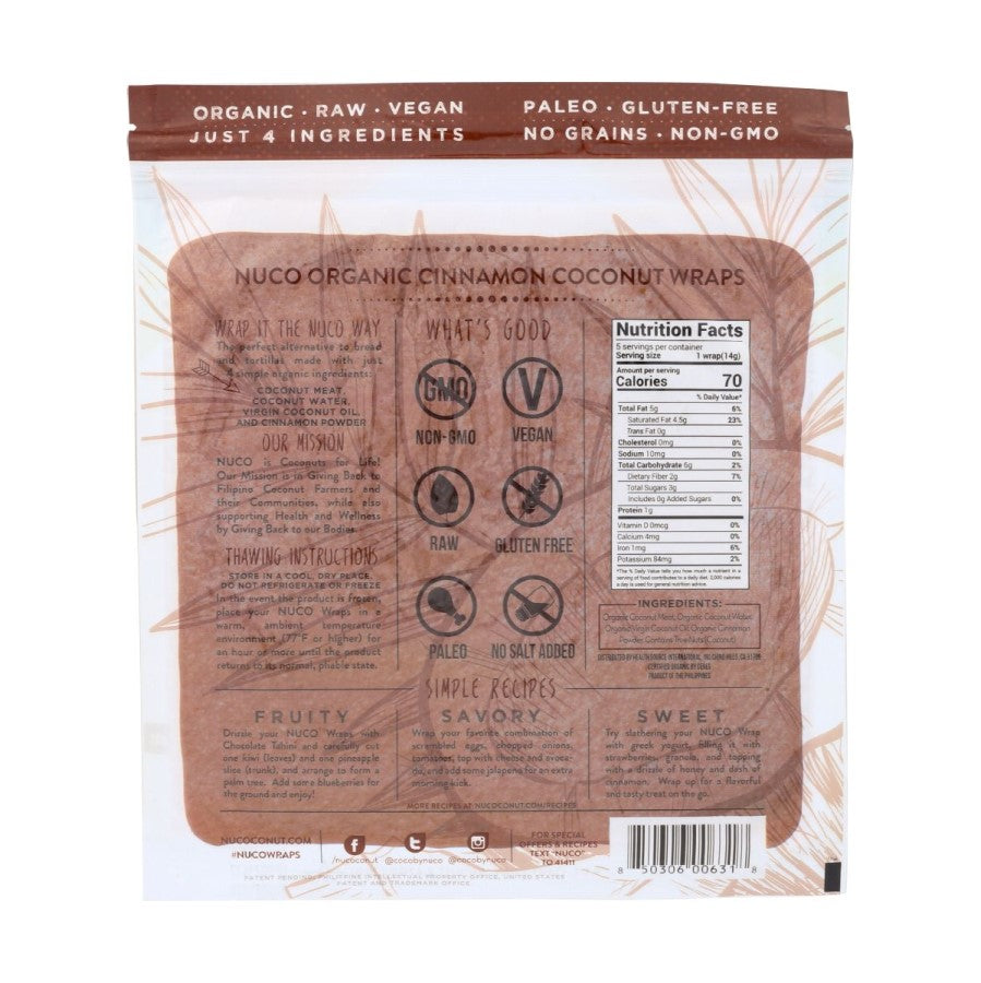 5 Cinnamon Wraps In Pack NUCO Organic Coconut Wraps Raw Vegan Paleo Gluten Free Non-GMO Just 4 Ingredients