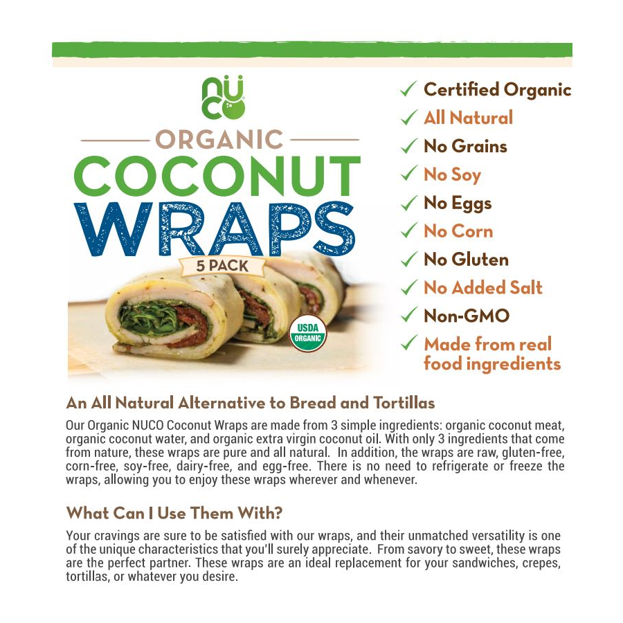 NUCO Organic Coconut Wraps Information Sheet All Natural Alternative To Bread And Tortillas Raw Gluten Free Corn Free Soy Free Dairy Free Egg Free