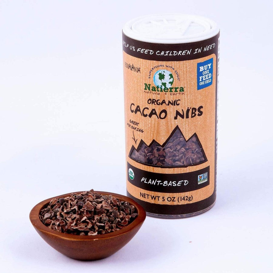 Organic Cacao Nibs Shaker From Natierra With Bowl Of Non-GMO Cocoa Nibs