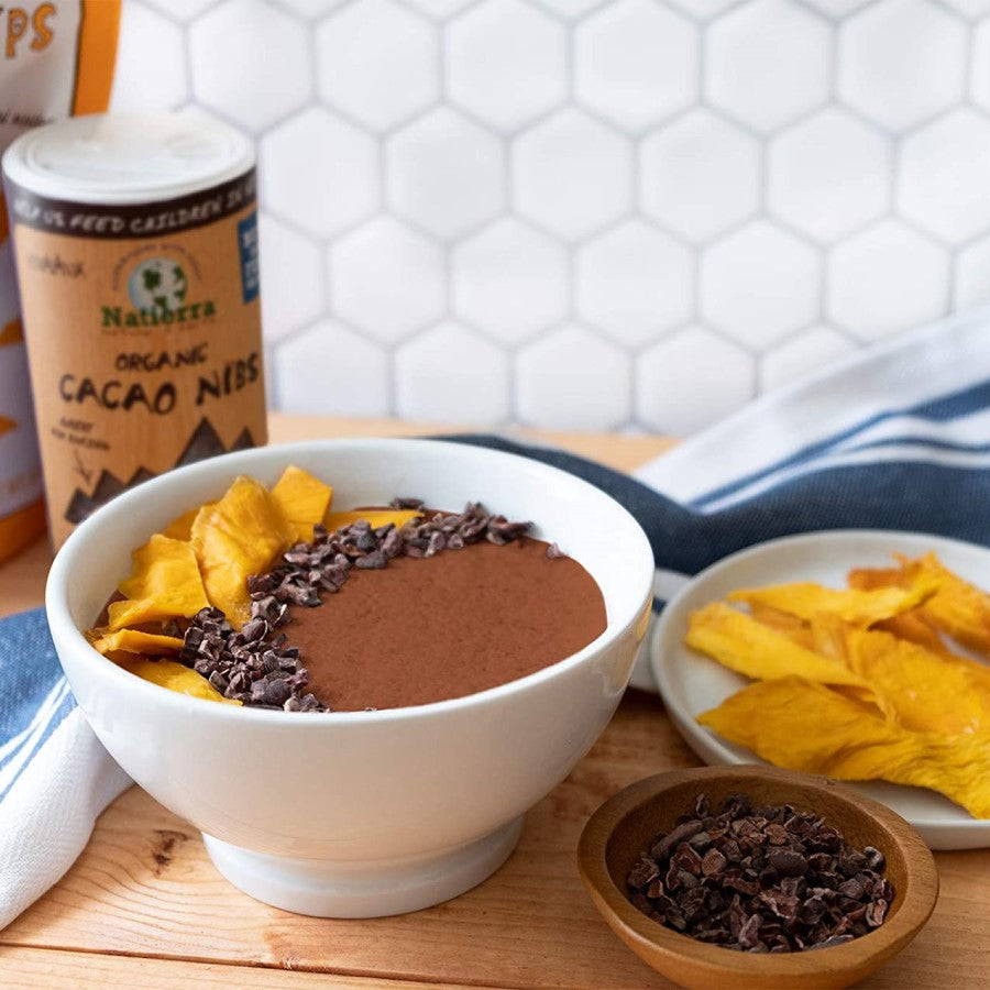 Natierra Organic Cacao Nibs Shaker With Healthy Chocolate Smoothie Bowl Topped With Non-GMO Cocoa Nibs And Dried Fruit