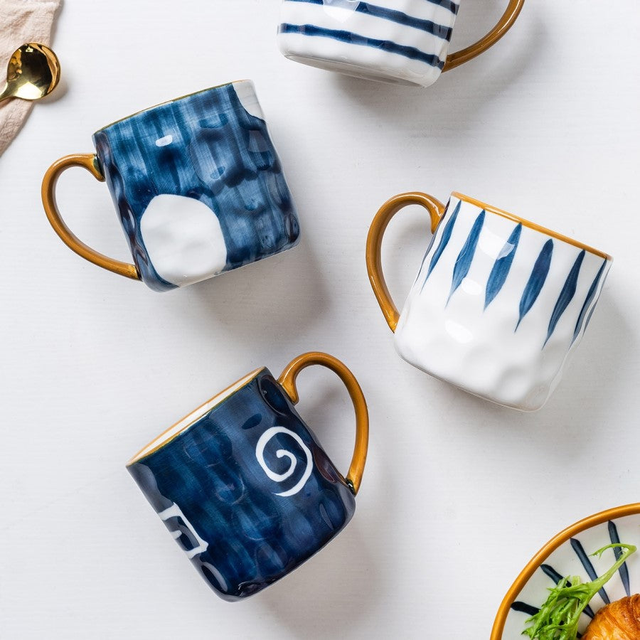 Nautical Mugs With Dimpled Glazed Finish In Blue And White Prints