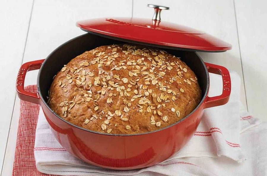 No Knead Oat Bread In Red Staub Cookware Baked With Organic King Arthur Whole Wheat Whole Grain Flour