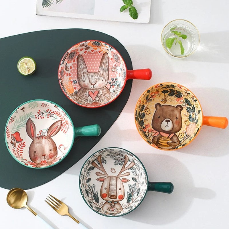 Cute Tableware Ceramic Dishes In Colorful Bunny Rabbit Bear And Deer Patterns Oven To Table Baking Bowls With Handles