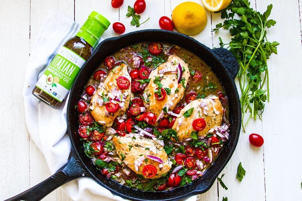 One Skillet Italian Chicken With Tomatoes And Fresh Herbs Primal Kitchen Italian Marinade Recipe