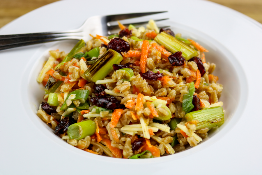 Celery Carrots And Cranberries In Organic Farro Salad With Honey Mustard Vinaigrette Dressing