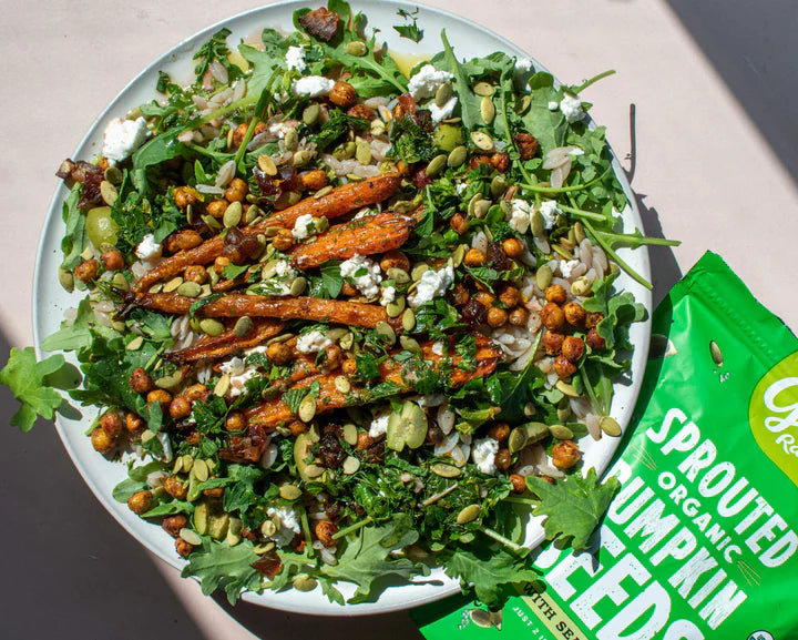 Roasted Carrot Salad With Go Raw Sea Salt Sprouted Pumpkin Seeds And Lemon Herb Dressing
