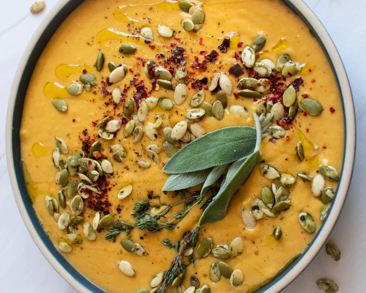 Roasted Kabocha Squash Apple Soup Autumn Recipe Using Go Raw Sprouted Pumpkin Seeds With Sea Salt