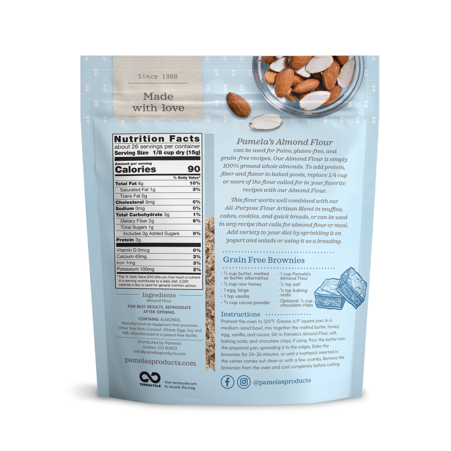 Non-GMO Pamela's Almond Flour Single Ingredient Nutrition Facts Grain Free Brownies Recipe