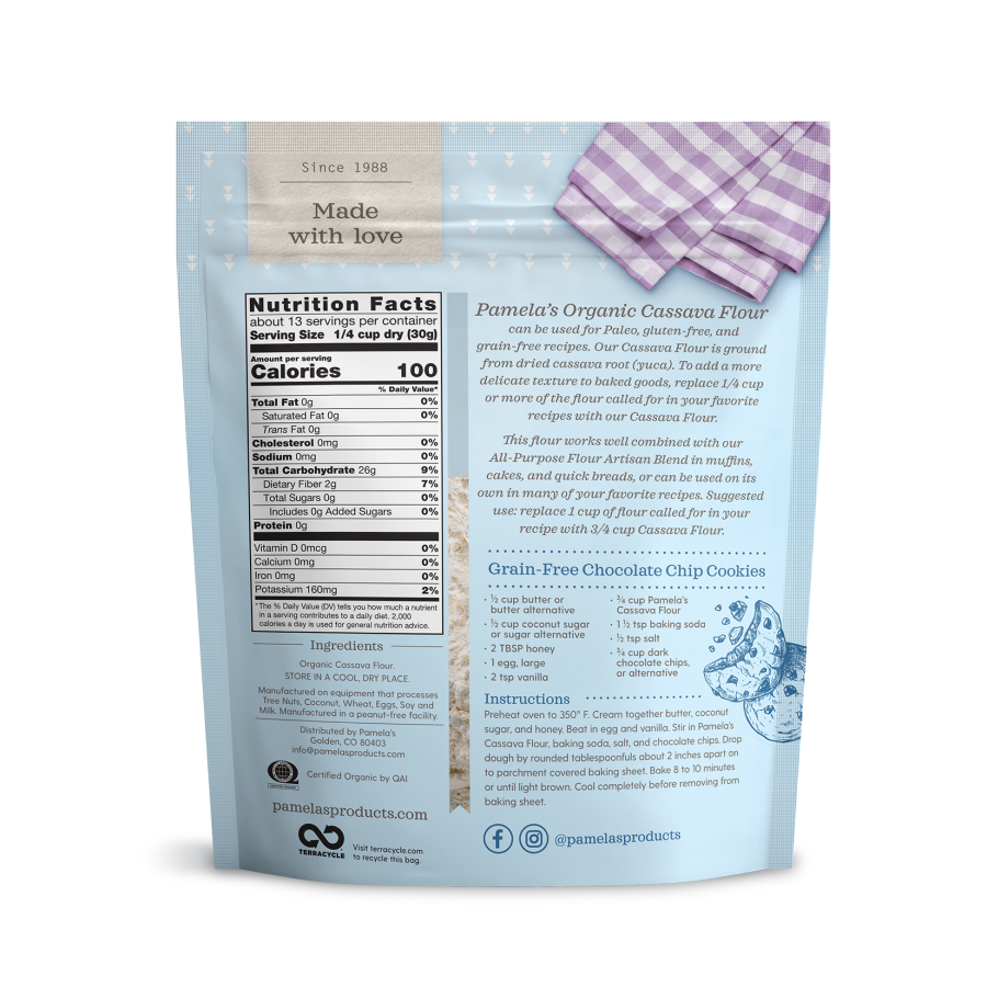 Pamela's Cassava Flour Organic Single Ingredient Nutrition Facts Grain Free Chocolate Chip Cookie Recipe