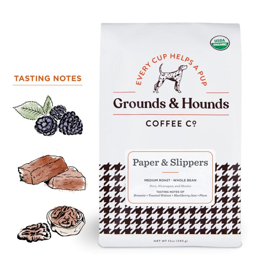 Every Cup Helps A Pup Organic Grounds & Hounds Coffee Co. Paper & Slippers Medium Roast Whole Bean