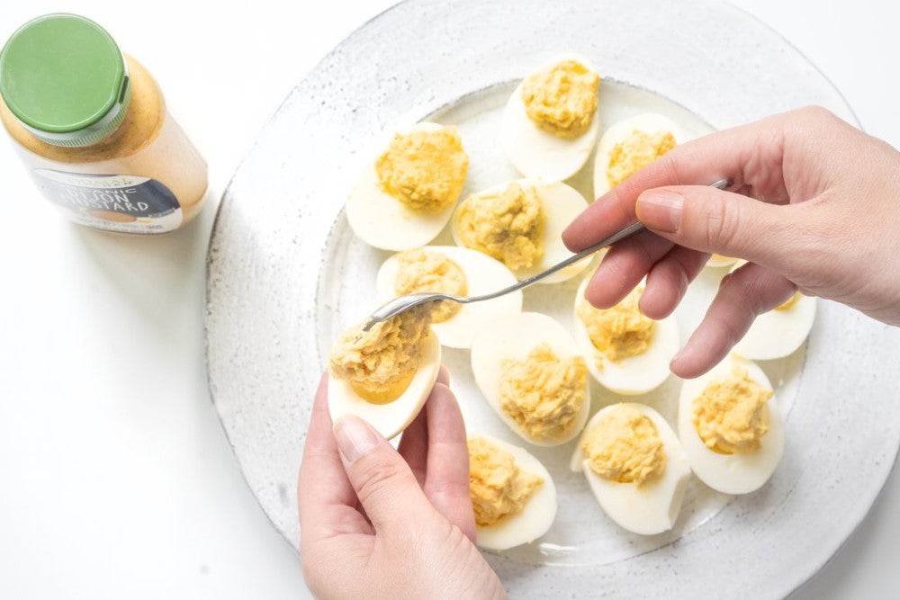 Perfect 4 Ingredient Keto Deviled Eggs Made Using Organic Primal Kitchen Dijon Mustard