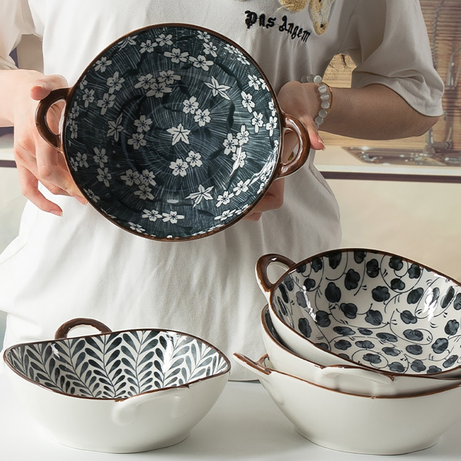 Person Holding Beautiful Ceramic Dishes Modern Farmhouse Style Bowls With Handles In Monochromatic Prints