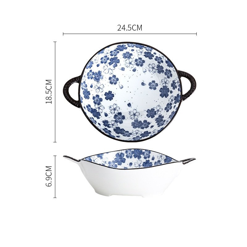Transatlantic Style Blue And White New England Dish Irregular Shape Farmhouse Bowl With Handles In Petal Perfect Print