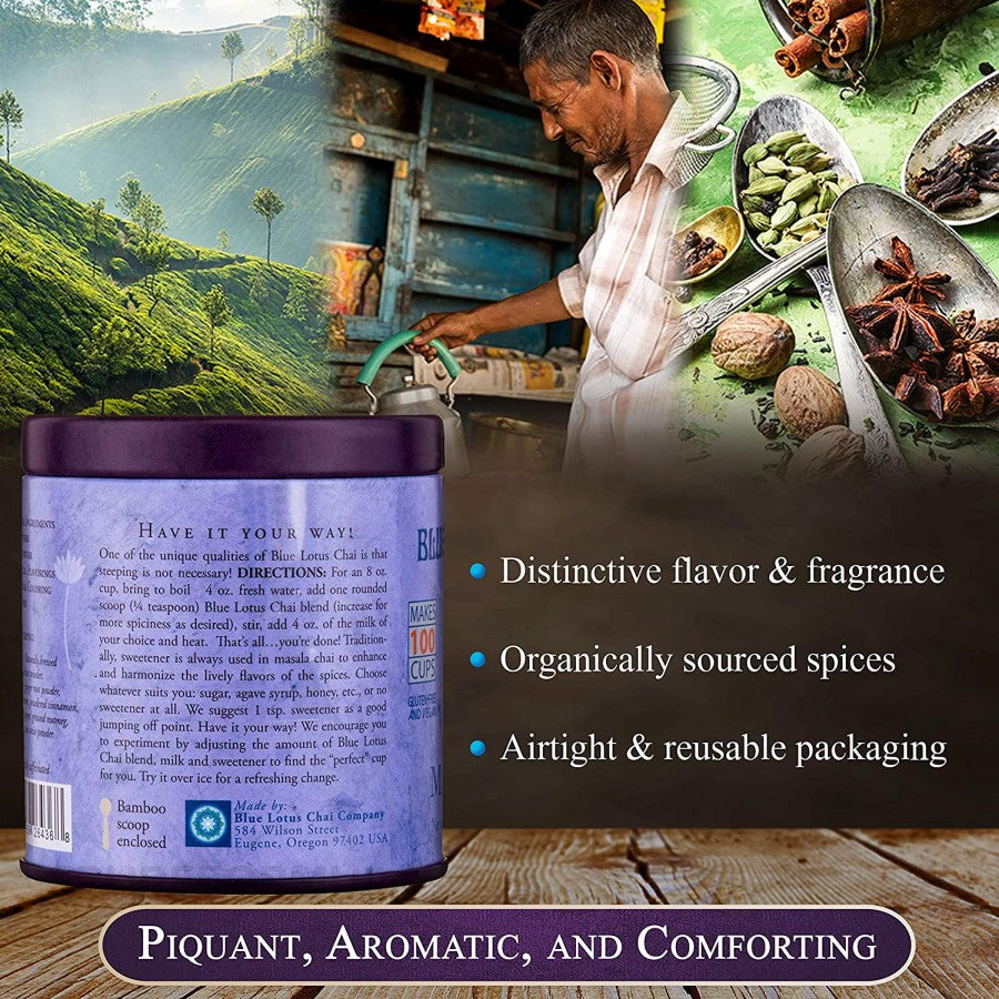 Aromatic And Comforting Organically Sourced Spices And Gift Worthy Tea Tin Blue Louts Chai Star Anise Masala