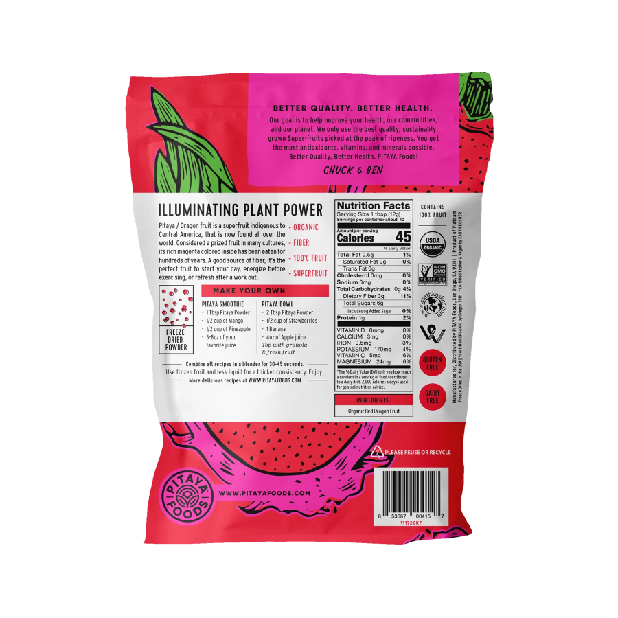 Illuminating Plant Power Pitaya Foods 100% Fruit Organic Red Dragon Fruit Powder Single Ingredient Nutrition Facts