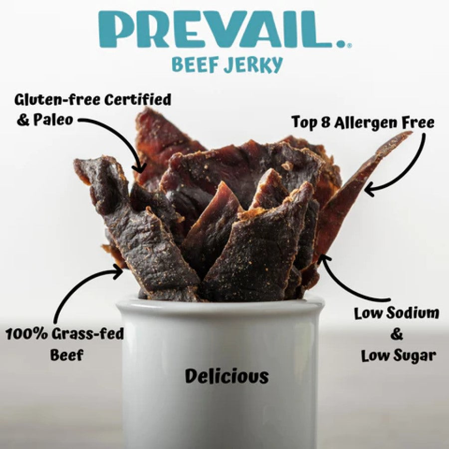 Prevail Beef Jerky Meat Gluten Free Paleo Top 8 Allergen Free Snack 100% Grass-Fed Beef Delicious Low Sodium Low Sugar