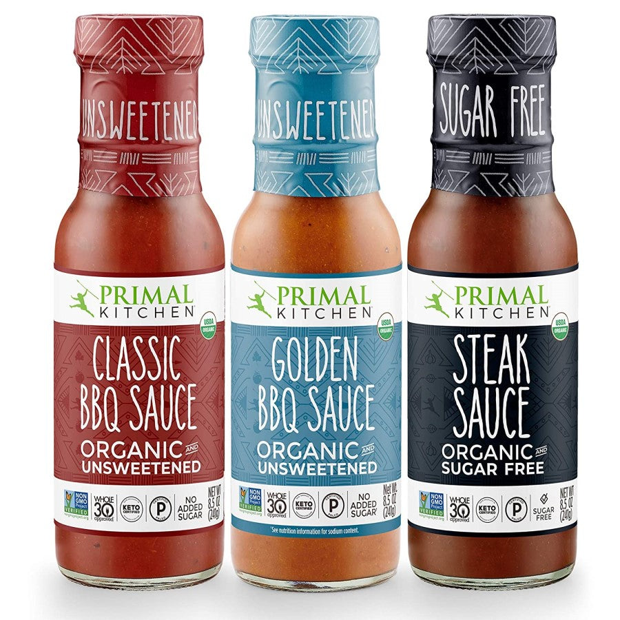 Primal Kitchen Classic BBQ Sauce Golden BBQ Sauce And Steak Sauce Bottles For Healthy Barbecues