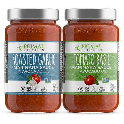 Non-GMO Primal Kitchen Roasted Garlic And Tomato Basil Marinara Sauces Made With Avocado Oil Paleo Whole30 No Added Sugar