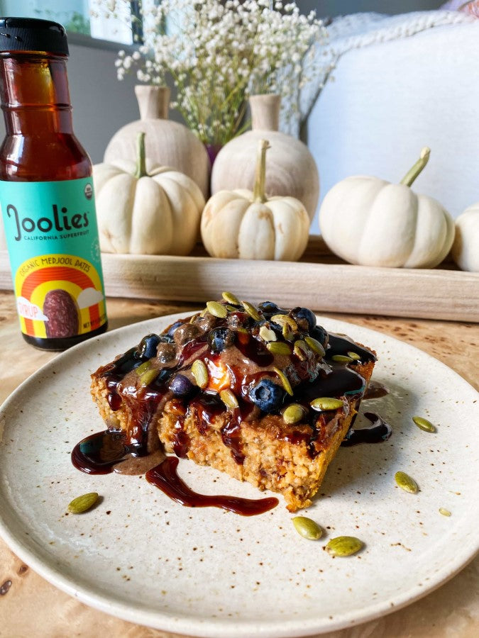 Joolies Date Syrup Pumpkin Spice Baked Oatmeal Recipe With Blueberries And Pumpkin Seeds