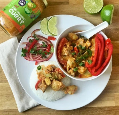 Red Thai Coconut Curry Pork Vegetables Meal Yais Thai