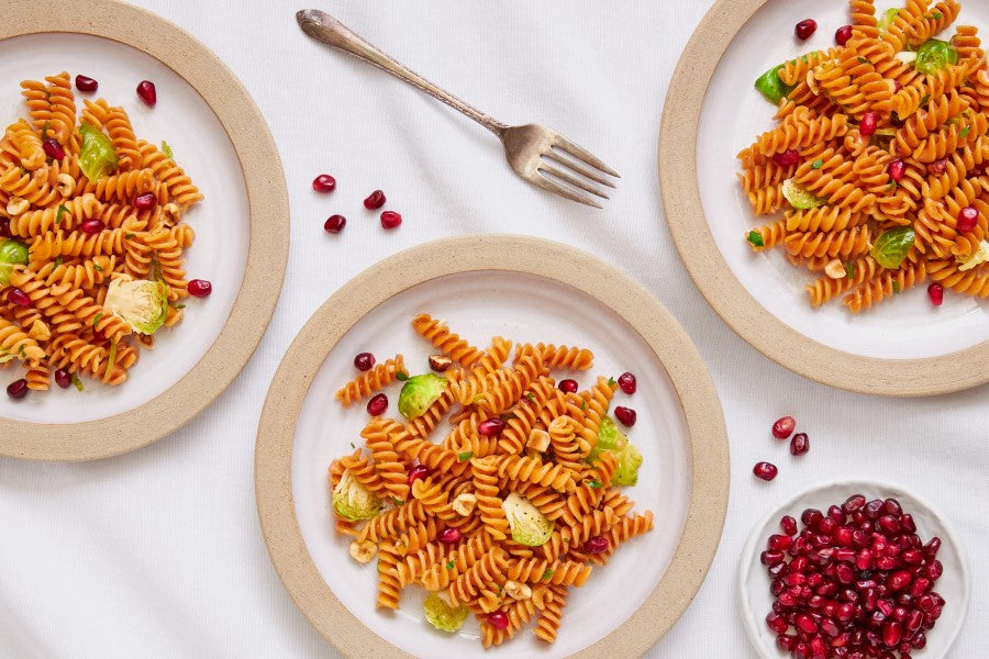 Red Lentil Rotini With Shaved Brussels Sprouts And Pomegranate Tolerant Pasta Recipe