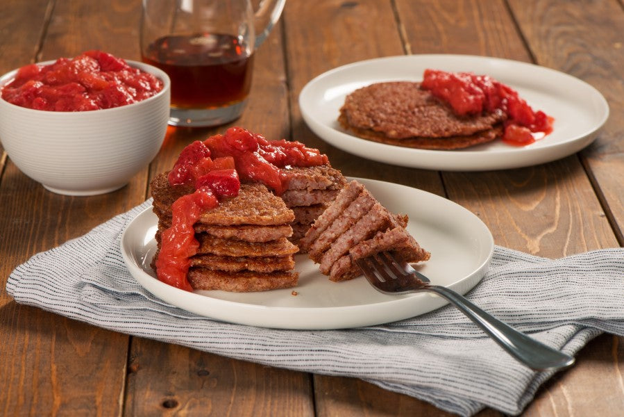 Red Rice Pancake With Strawberry Rhubarb Compote Lundberg Rice Recipe Red Jasmine