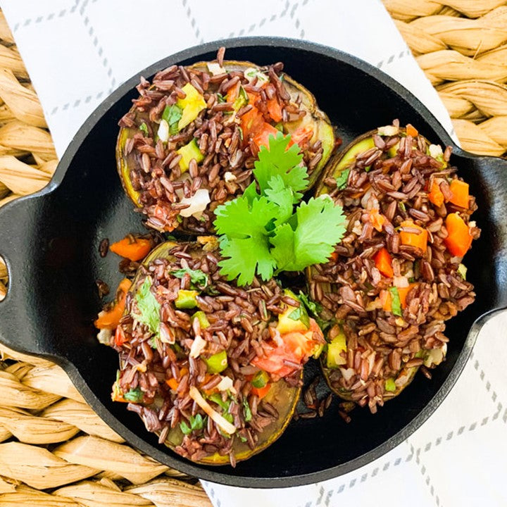 Red Rice Salsa Stuffed Squash Recipe Made With Non-GMO Red Rice From Ralston Family Farm