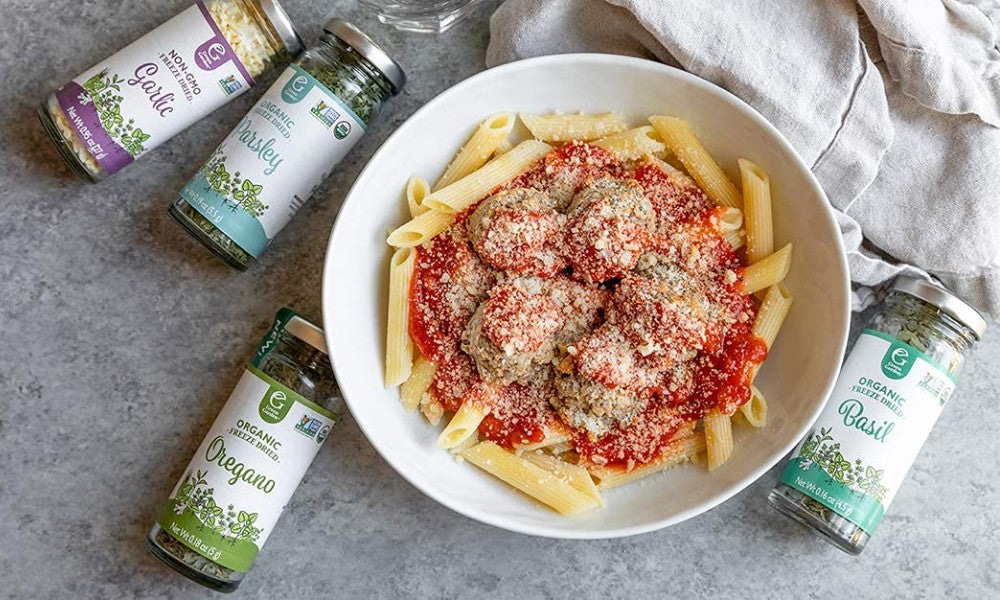 Red Sauce Pasta Dish With Meatballs And Green Garden Freeze Dried Herbs And Spices