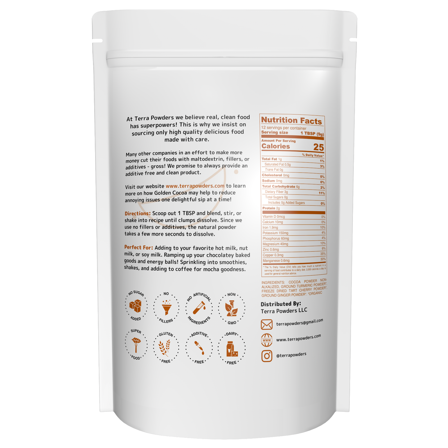 Terra Powders Turmeric Hot Chocolate Golden Cocoa Powder Ingredients And Nutritional Facts