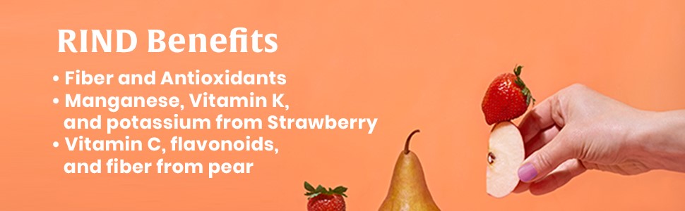 RIND Snacks Benefits Fiber Antioxidants Manganese Vitamin K Potassium Vitamin C Flavonoids Zero Waste Whole Fruit Straw Peary Blend