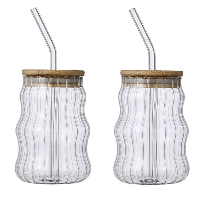Double Ripply Tumbler Set With Bamboo Wood Lids And Reusable Glass Straws