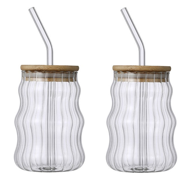 Glass Drink Tumblers With Bamboo Lids & Straws