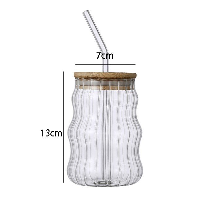 Glass Cups with Bamboo Lids and Glass Straw - S Shaped Drinking