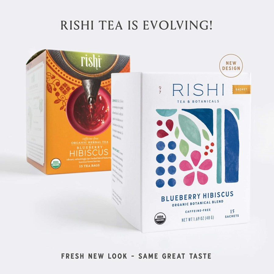 Rishi Tea Fresh New Look Same Great Taste Organic Blueberry Hibiscus Teas Old And New Box Design