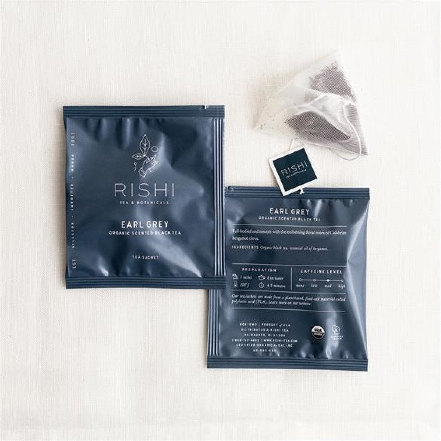 Medium Caffeine Rishi Earl Grey Organic Scented Black Tea In Biodegradable Tea Bags Plant Based Loose Leaf Tea Sachets