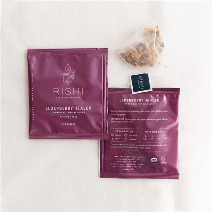 Caffeine Free Rishi Elderberry Healer Tea In Biodegradable Tea Bags Plant Based Loose Leaf Tea Sachets