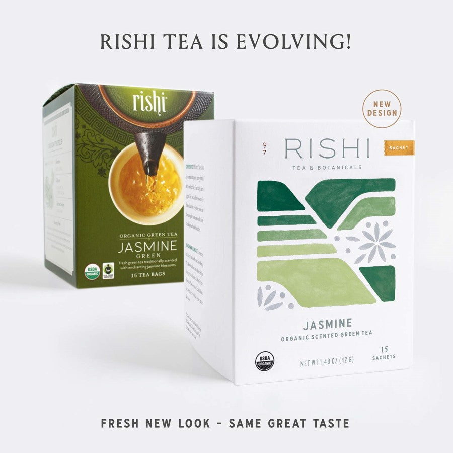 New product packaging for Jasmine Scented Green Tea from Rishi Teas highlights the crafted and organic premium tea
