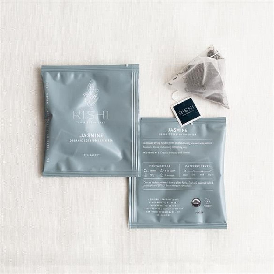 Rishi Teas and Botanicals Jasmine Organic Green tea in plant-based sachet bags with pouches