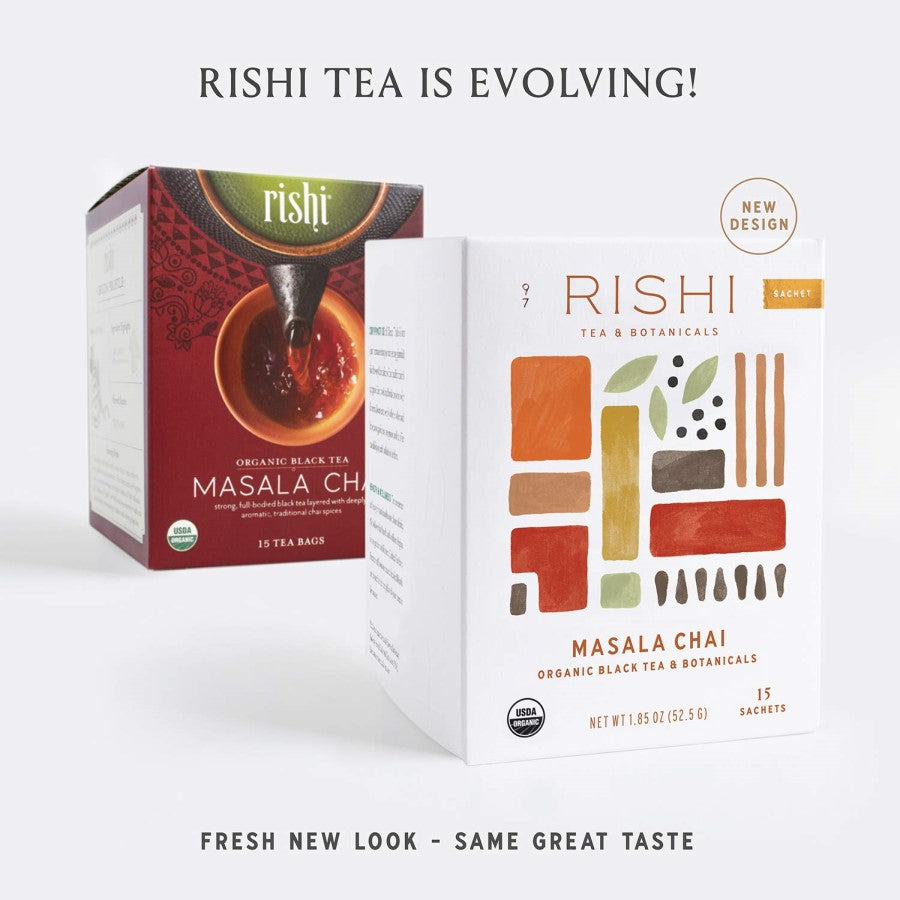 Rishi Tea Masala Chai new product packaging highlights real organic taste in a complex tea