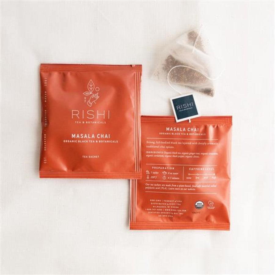 Masala Chai tea in plant-based organic sachet bags with pouch from Rishi Teas