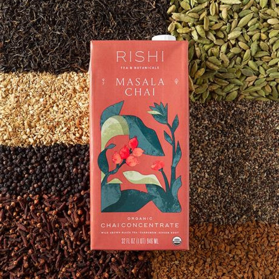 Rishi Masala Chai Concentrate on a patchwork of organic spices from all over the world