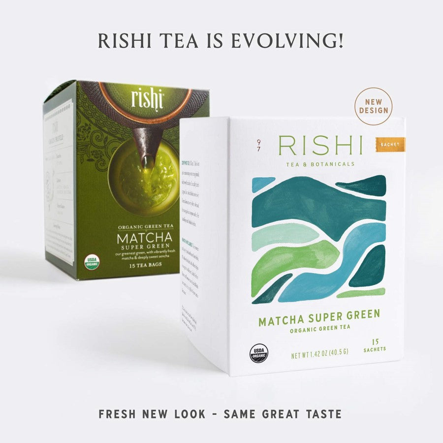 New packaging highlights Rishi Teas and Botanicals Super Green Matcha and Sencha tea as organic and Japan sourced