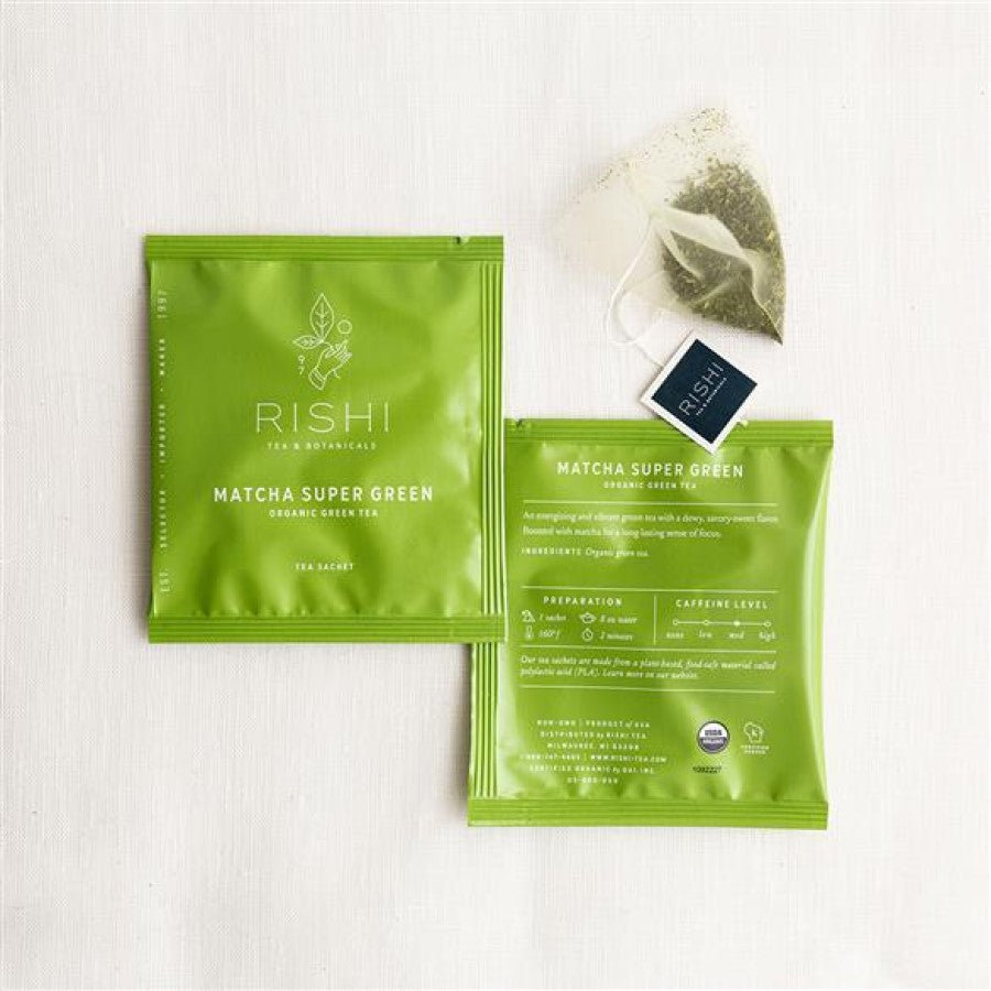 Matcha Super Green tea is blended sencha and matcha in these plant-based organic sachet bags with pouch