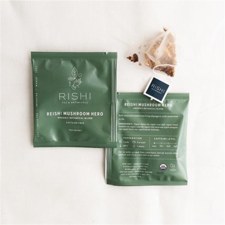 Caffeine Free Rishi Reishi Mushroom Hero Tea In Biodegradable Tea Bags Plant Based Loose Leaf Tea Sachets
