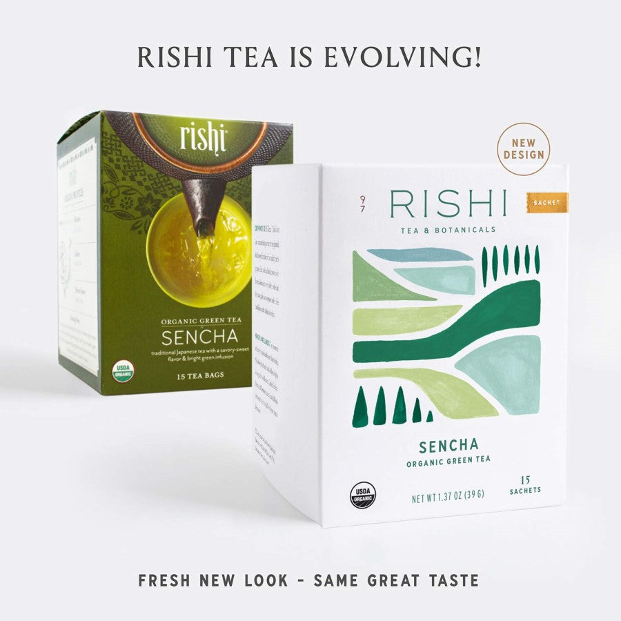 Rishi Tea Fresh New Look Same Great Taste Organic Sencha Green Teas Old And New Box Design
