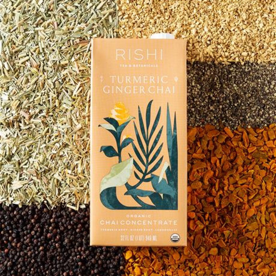 Rishi Tea Turmeric Ginger Chai Concentrate on patchwork of exotic spices