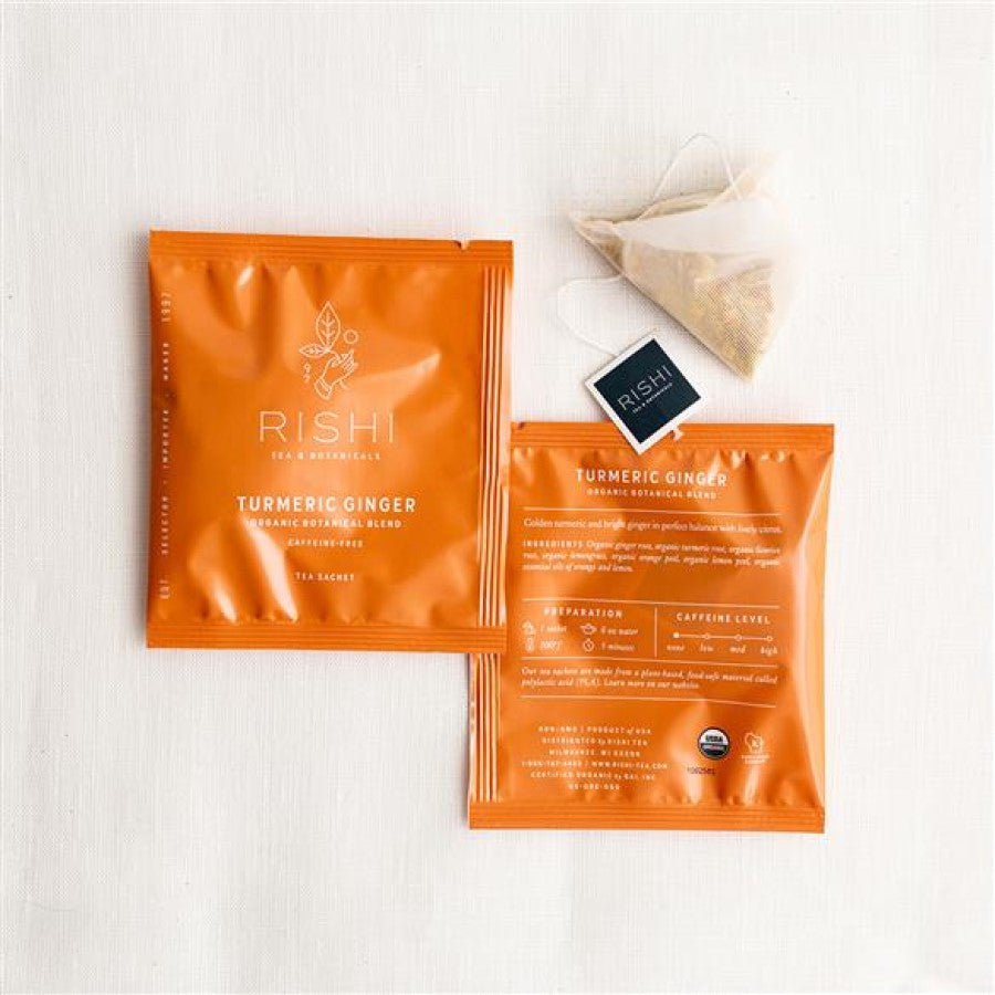 Turmeric Ginger tea in sachet bags with pouch from Rishi Teas and Botanicals