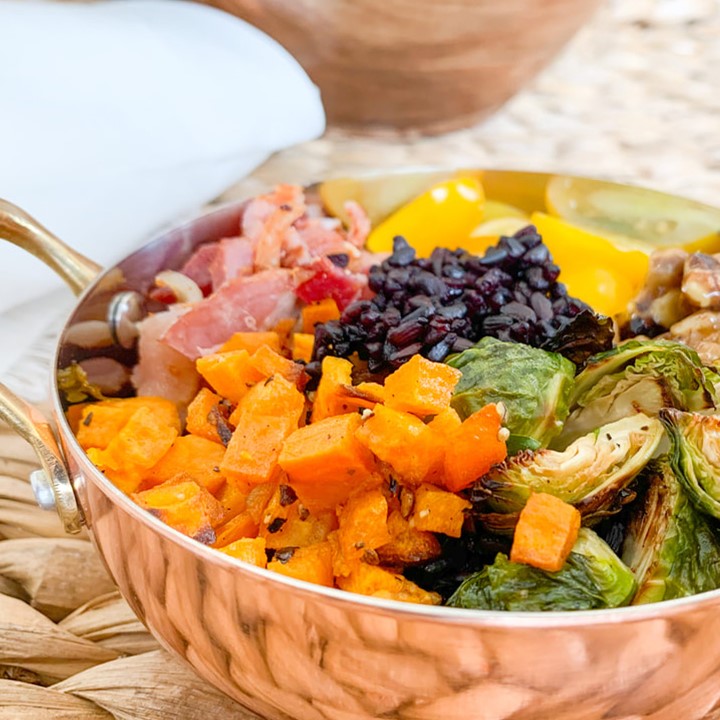 Roasted Veggie And Purple Rice Bowl Recipe Made With Non-GMO Purple Rice From Ralston Family Farms