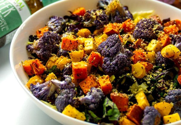Roasted Veggie Bowl With Kale And Cabbage Slaw Greek Dressing Vinaigrette Recipe From Primal Kitchen